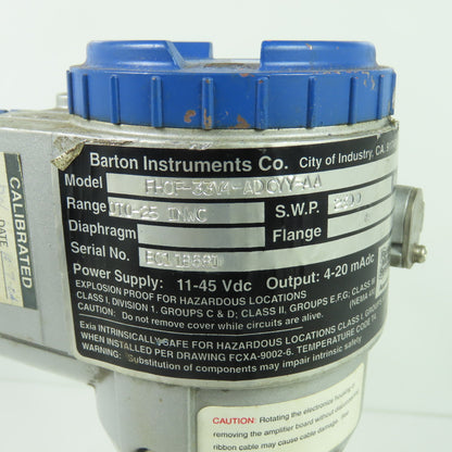 Barton FHCF-33V4-ADCYY-AA Differential Pressure Transmitter 0-25 INWC 4-20mAdc