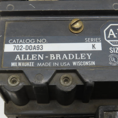 Allen Bradley 702-DOA93 Size 3 Contactor Starter 600V 50Hp 220/240V Coil