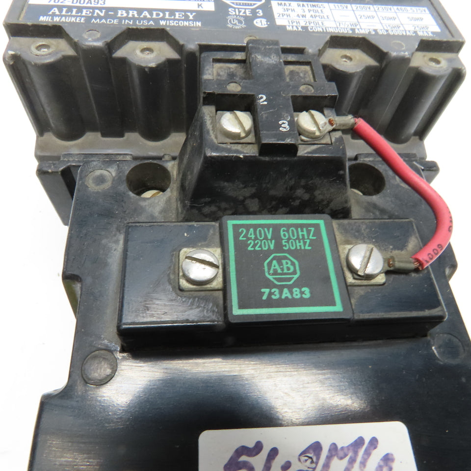 Allen Bradley 702-DOA93 Size 3 Contactor Starter 600V 50Hp 220/240V Coil