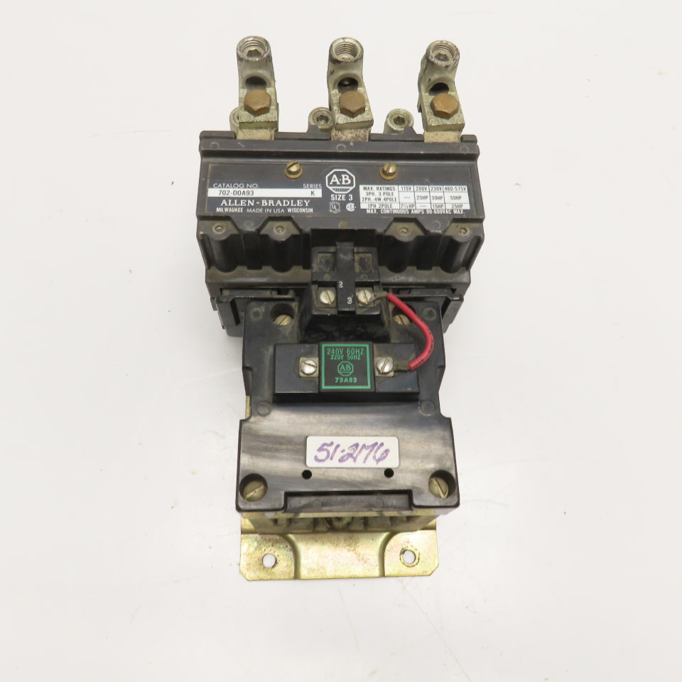 Allen Bradley 702-DOA93 Size 3 Contactor Starter 600V 50Hp 220/240V Coil