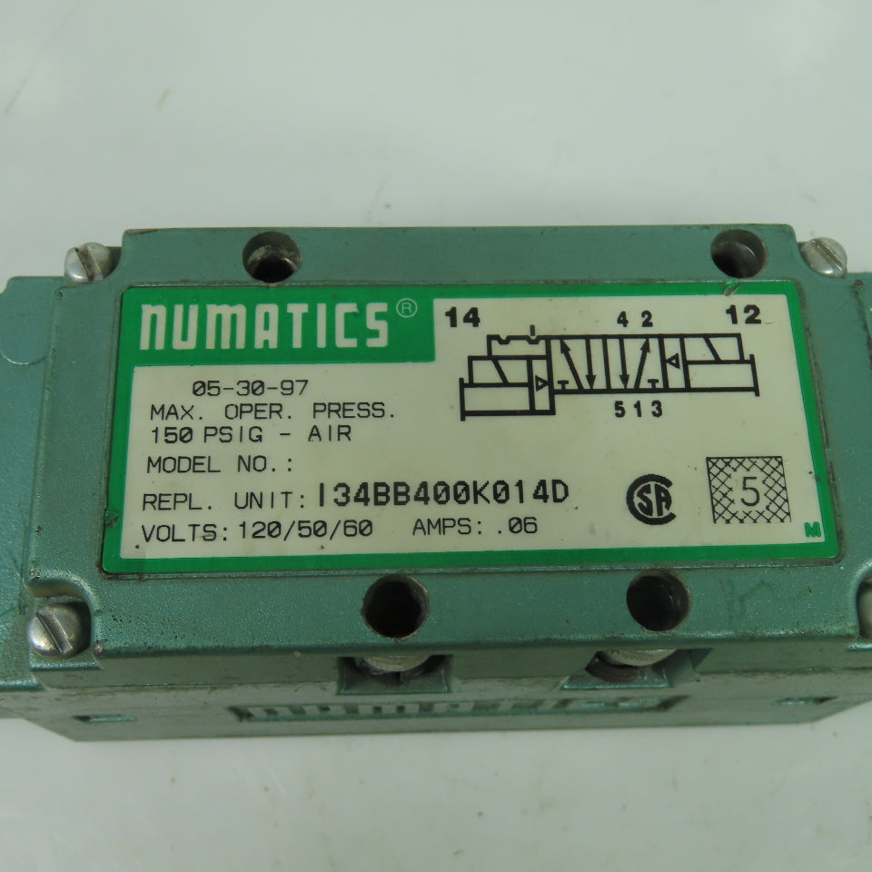 Numatics I34BB400K014D Pneumatic Air Solenoid Valve 120V 150 PSIG