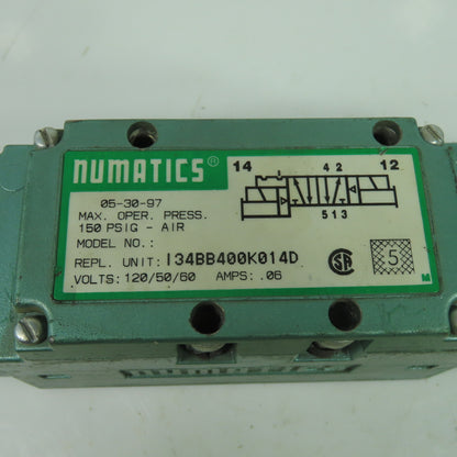 Numatics I34BB400K014D Pneumatic Air Solenoid Valve 120V 150 PSIG