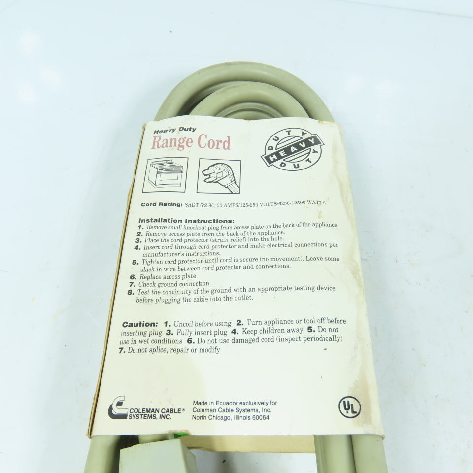 Coleman Cable 09014 Heavy Duty Range Cord 50A 4ft 125/250V