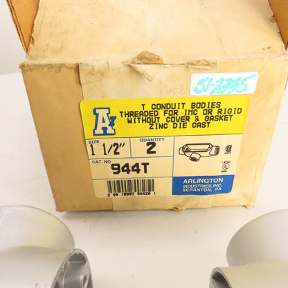 Arlington 944T 1-1/2" Threaded T Conduit Body Zinc Die Cast Lot of 2