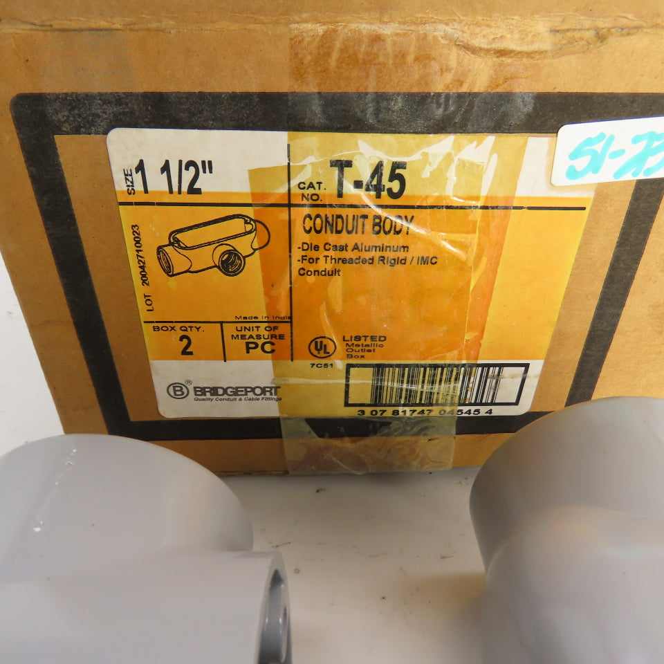 Bridgeport T-45 1-1/2" T-Type Conduit Body Threaded Rigid/IMC (Lot of 2)