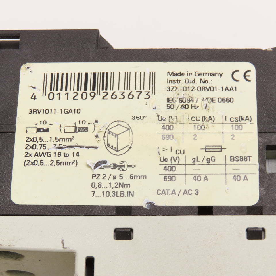 Siemens 3RV1011-1GA10 Manual Combination Starter 600V 4.5-6.3A Lot Of 3