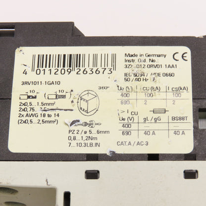 Siemens 3RV1011-1GA10 Manual Combination Starter 600V 4.5-6.3A Lot Of 3