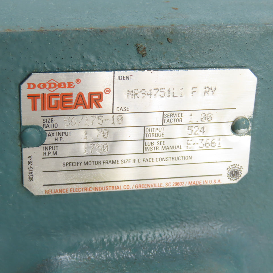 Dodge MR94751L1 F RY Tigear Speed Reducer 10:1 Ratio 1750 RPM 1.78HP 175RPM Out