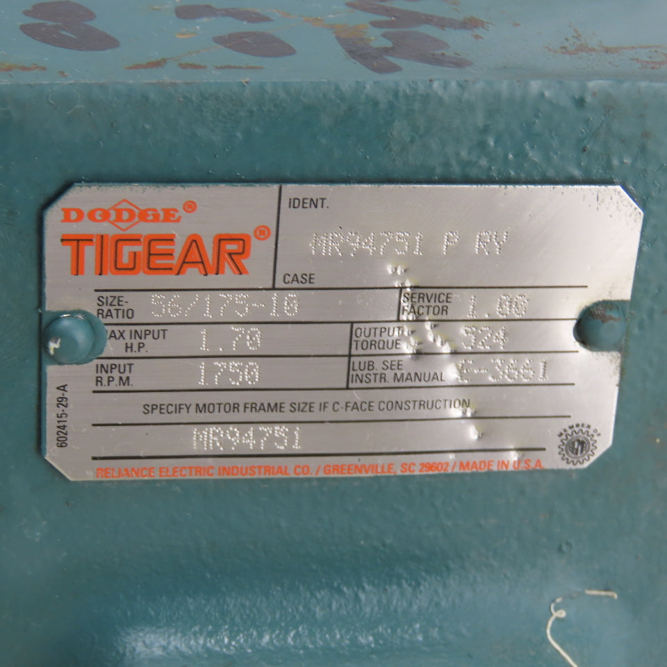Dodge MR94751 P RV Tigear Right Angle Speed Reducer 10:1 Ratio 56C 175RPM Output