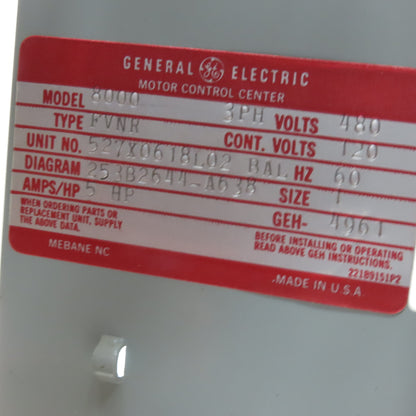 GE FVNR Model 8000 5Hp Size 1 3Ph 250V MCC Bucket Starter