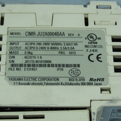 Yaskawa CIMR-JU2A0004BAA J1000 Series Variable Frequency Drive 200-240V 3Ph 3.5A
