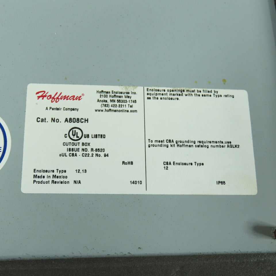 Hoffman A808CH Type 12 13 Cutout Box Junction Enclosure 8x8x4 Hinged