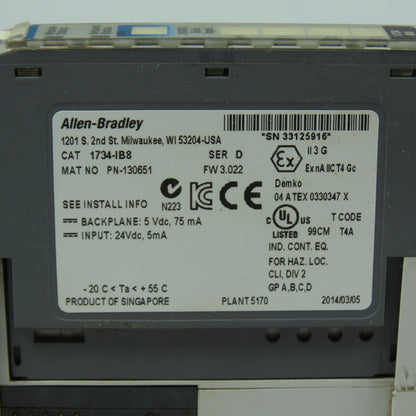 Allen-Bradley 1734-IB8 POINT I/O 8-Point Sink Input Module 24VDC Ser D w/Base