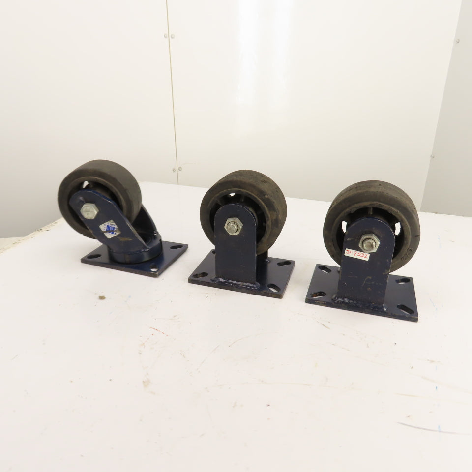 RWM Heavy Duty Caster Set 6x3 Inch 2 Rigid 1 Swivel Rubber Wheel Lot/3