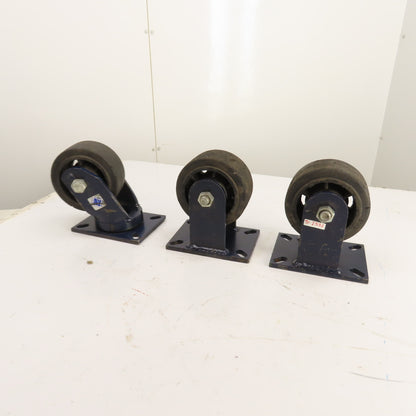RWM Heavy Duty Caster Set 6x3 Inch 2 Rigid 1 Swivel Rubber Wheel Lot/3