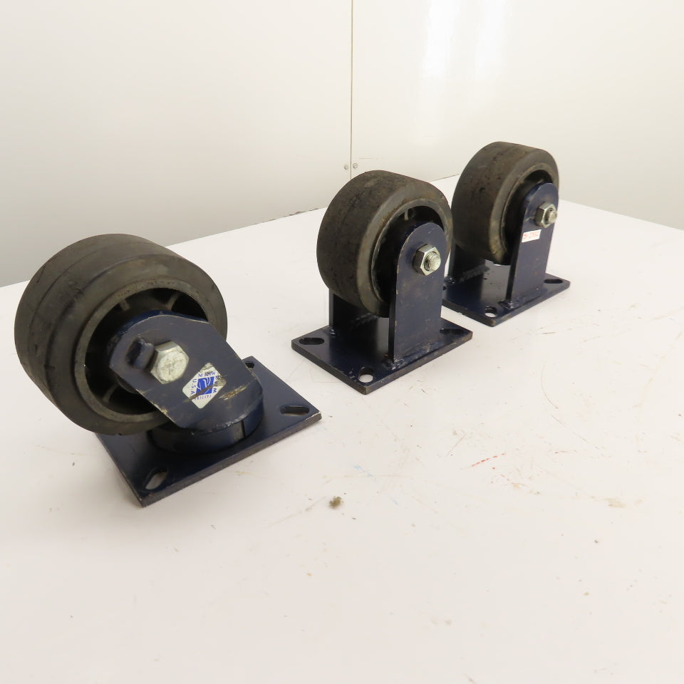 RWM Heavy Duty Caster Set 6x3 Inch 2 Rigid 1 Swivel Rubber Wheel Lot/3