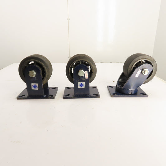RWM Heavy Duty Caster Set 6x3 Inch 2 Rigid 1 Swivel Rubber Wheel Lot/3