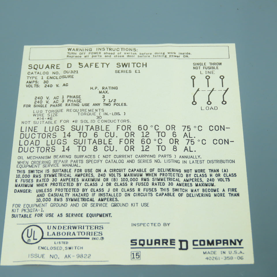 Square D DU321 30A 3-Pole Non-Fusible Safety Disconnect Switch 240VAC Series E1