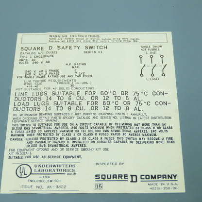 Square D DU321 30A 3-Pole Non-Fusible Safety Disconnect Switch 240VAC Series E1