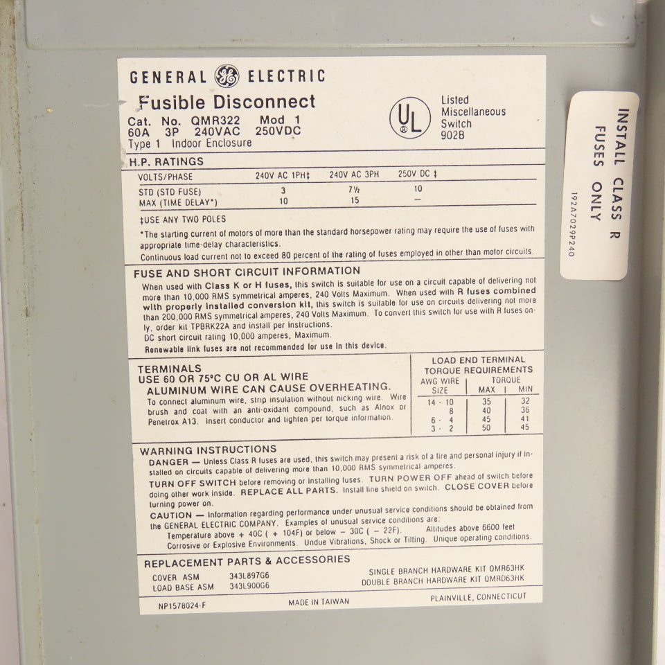 General Electric QMR322 60A 3-Pole Fusible Panelboard Disconnect 240VAC 15HP
