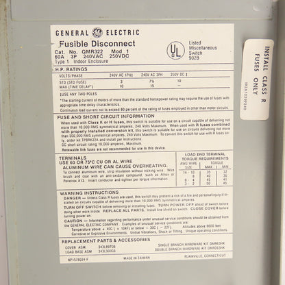 General Electric QMR322 60A 3-Pole Fusible Panelboard Disconnect 240VAC 15HP