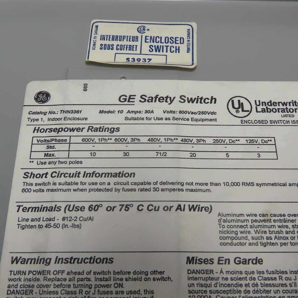Ge THN3361 30A 3-Pole Non-Fusible Heavy Duty Safety Disconnect Switch 600VAC