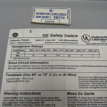 Ge THN3361 30A 3-Pole Non-Fusible Heavy Duty Safety Disconnect Switch 600VAC
