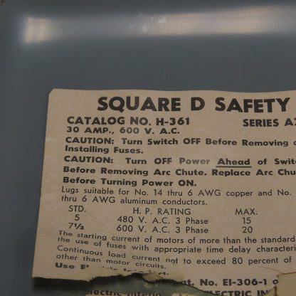 Square D H-361 30A 3-Pole Fusible Safety Disconnect Switch 600VAC