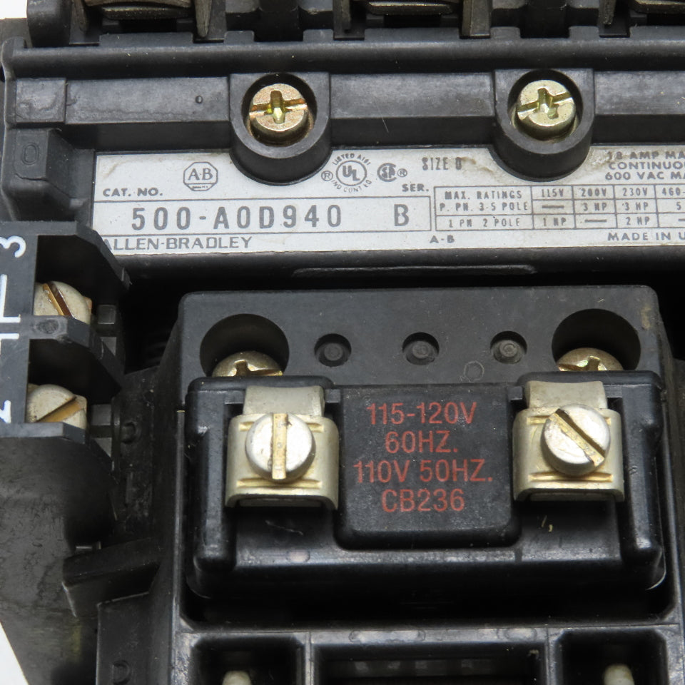 Allen Bradley 500-A0D940 Size 0 Motor Starter 600V 5Hp Max 115/120V Coil