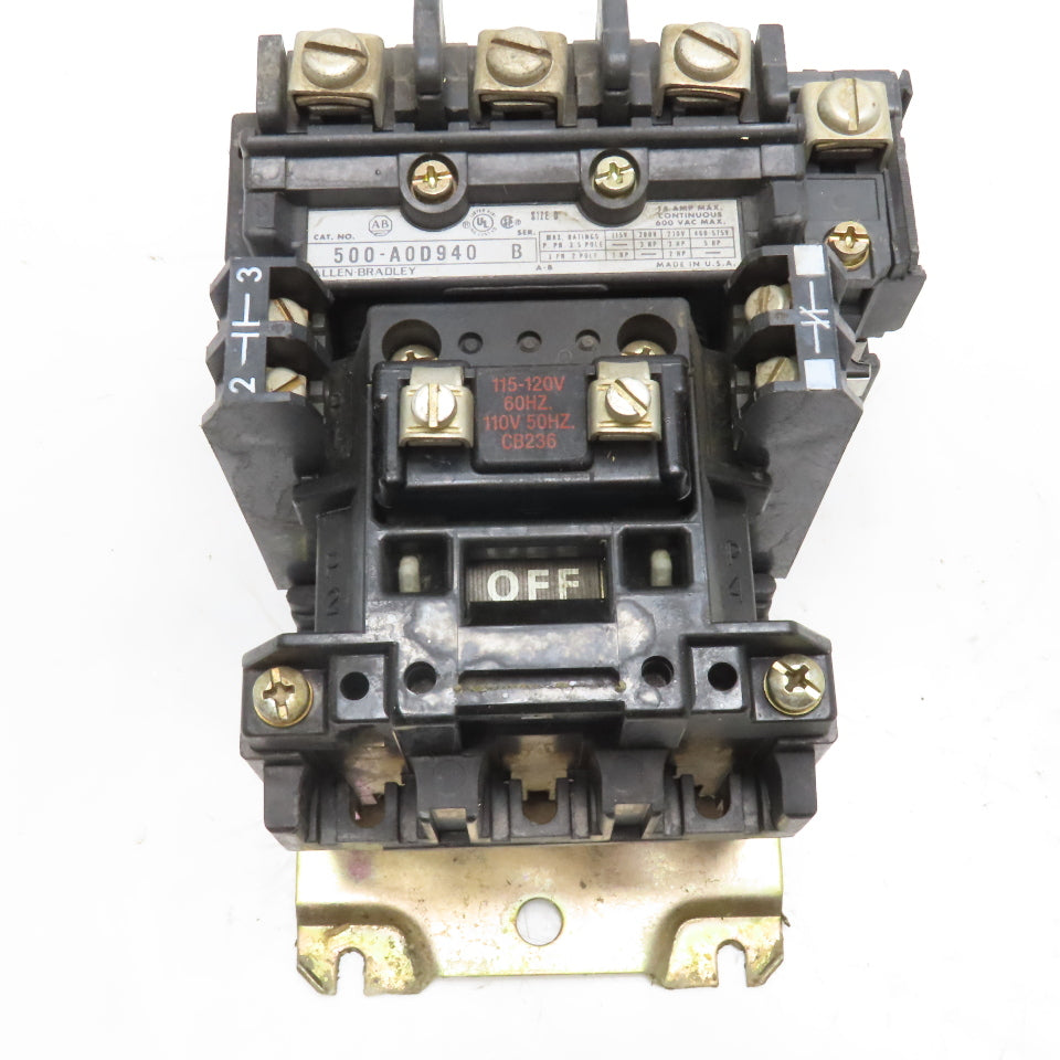 Allen Bradley 500-A0D940 Size 0 Motor Starter 600V 5Hp Max 115/120V Coil
