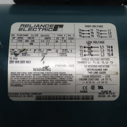 Reliance P14H1448H 1HP AC Electric Motor 230/460V 3Ph FB143TC Frame 1725RPM