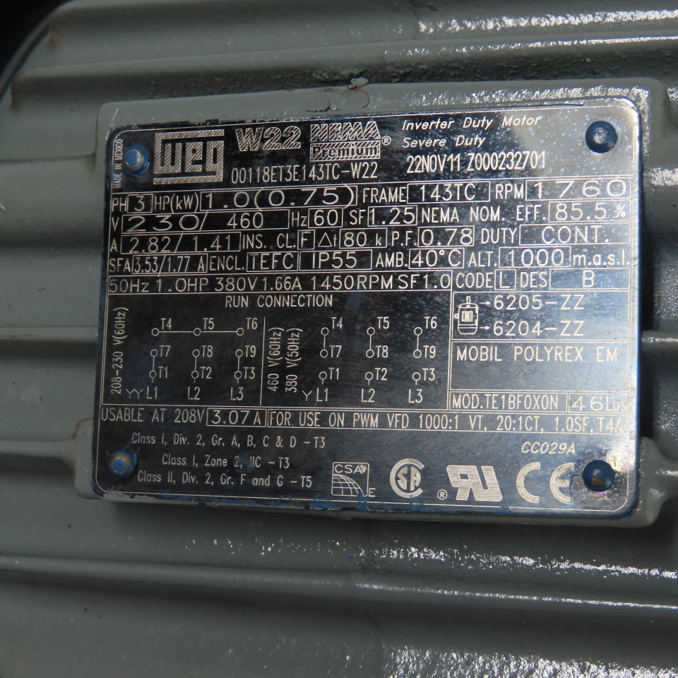 WEG 00118ET3E143TC-W22 1HP Electric Motor 1760RPM 230/460V 3Ph 143TC Frame