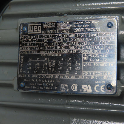 WEG 00118ET3E143TC-W22 1HP Electric Motor 1760RPM 230/460V 3Ph 143TC Frame