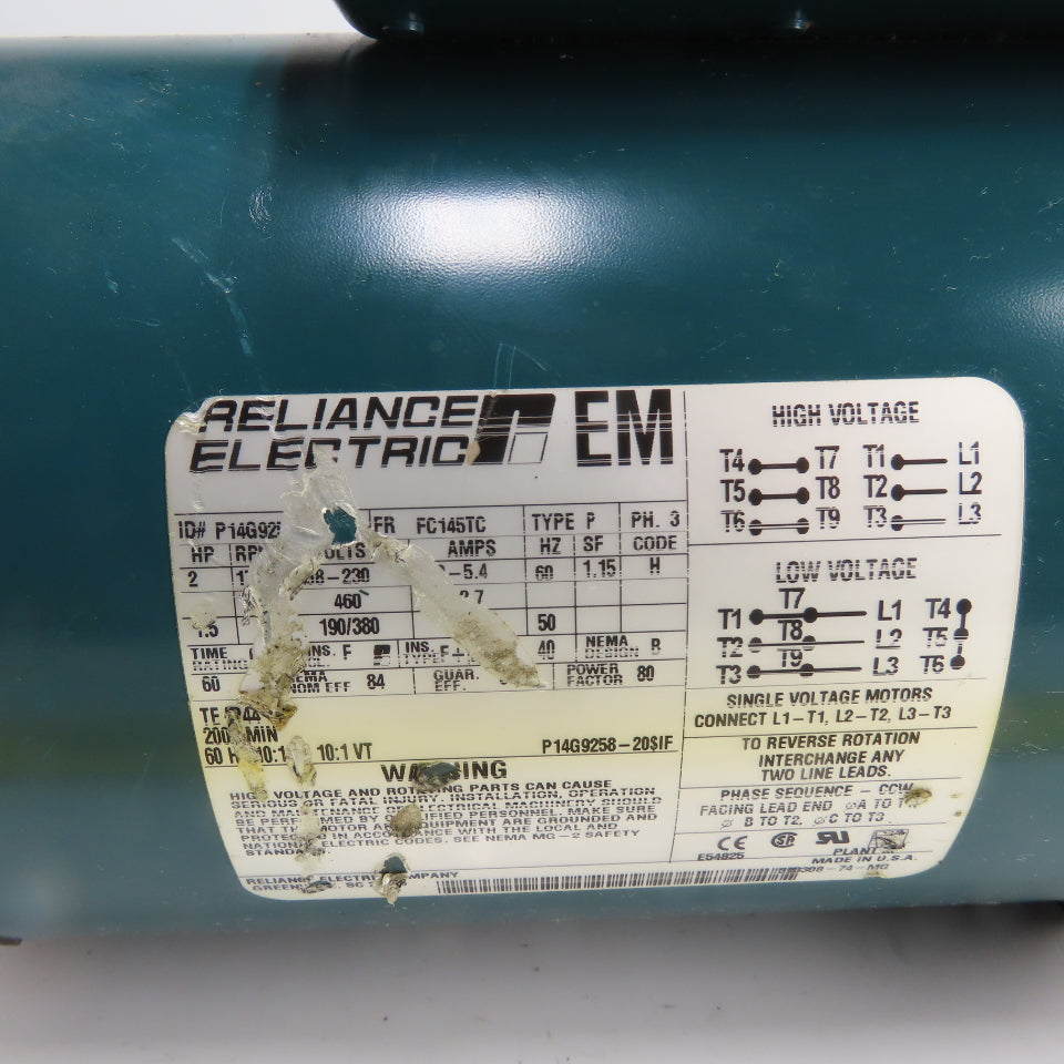 P14G925 2HP Electric Motor 208-230/460V 1750RPM 3Ph FC145TC Frame