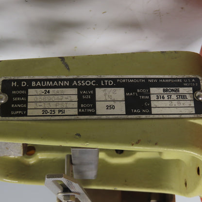 H. D. Baumann 32-24 588 1/2" Bronze Pneumatic Diaphragm Control Valve 20-25PSI