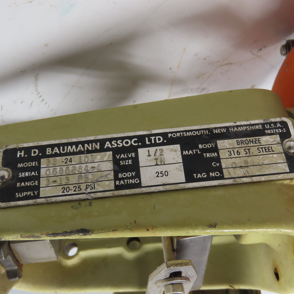 H. D. Baumann 32-24 102 1/2" Bronze Pneumatic Diaphragm Control Valve 20-25PSI