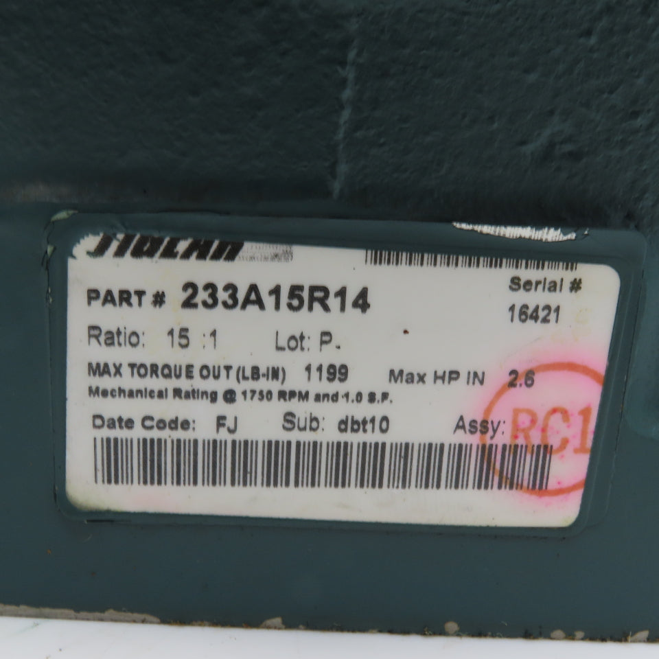 Dodge 233A15R14 15:1 Ratio Right Angle Gear Reducer 117RPM Right Hand Output