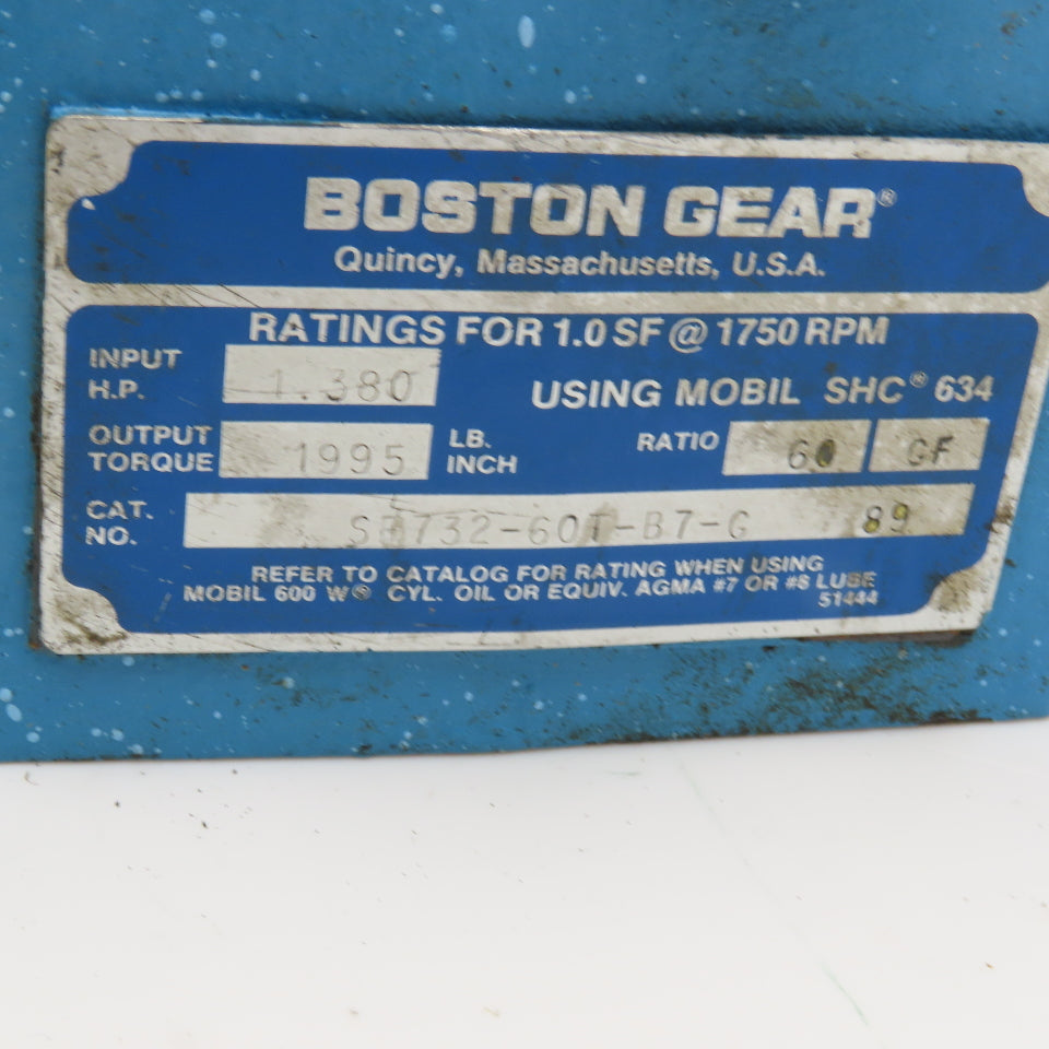 Boston SF732-60T-B7-G 60:1 Ratio Gear Reducer 29RPM 1-15/16" Thru Shaft Output