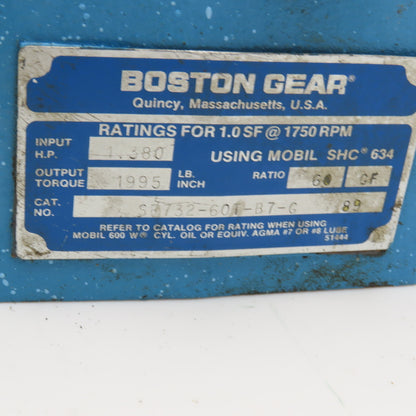 Boston SF732-60T-B7-G 60:1 Ratio Gear Reducer 29RPM 1-15/16" Thru Shaft Output