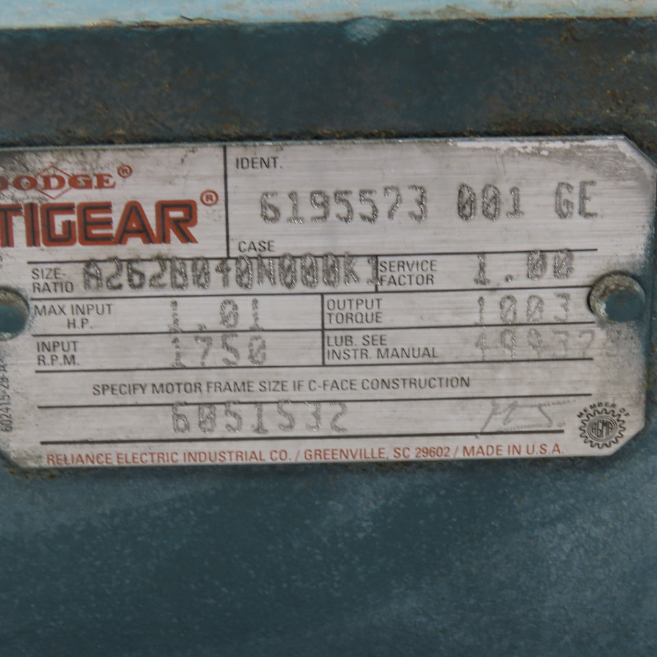 Dodge A262B040N000K1 40:1 Ratio Inline Gear Reducer 233RPM Output 1003In/Lbs.