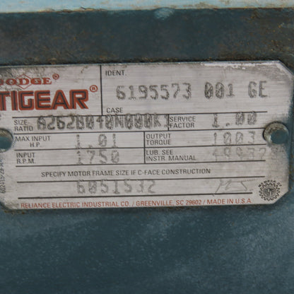 Dodge A262B040N000K1 40:1 Ratio Inline Gear Reducer 233RPM Output 1003In/Lbs.