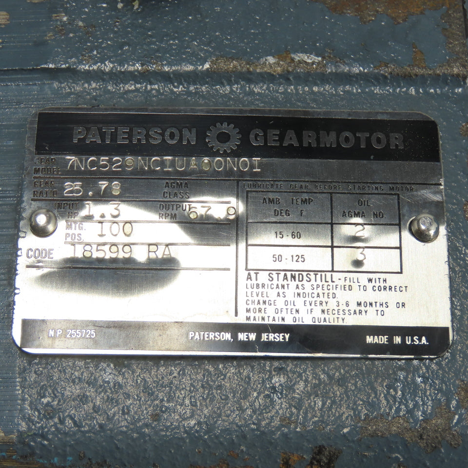 Paterson 7NC529NCIUA00N01 Gear Reducer 25.78 Ratio 1.3HP 67.9 Output RPM