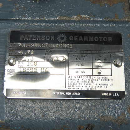 Paterson 7NC529NCIUA00N01 Gear Reducer 25.78 Ratio 1.3HP 67.9 Output RPM