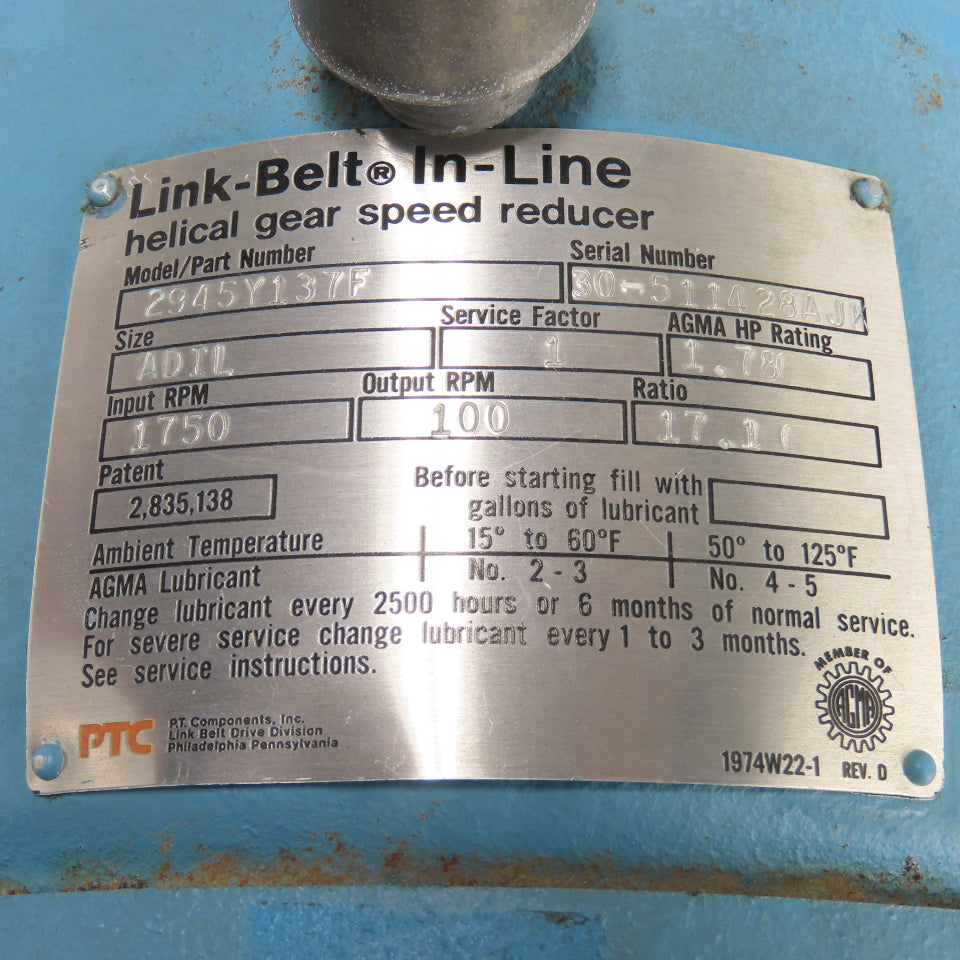 Link-Belt 2945Y137F In-Line Helical Gear Speed Reducer 1.78HP 17.1 Ratio