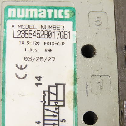 Numatics L23BB452B017G61 Pneumatic Directional Valve 24VDC Coil