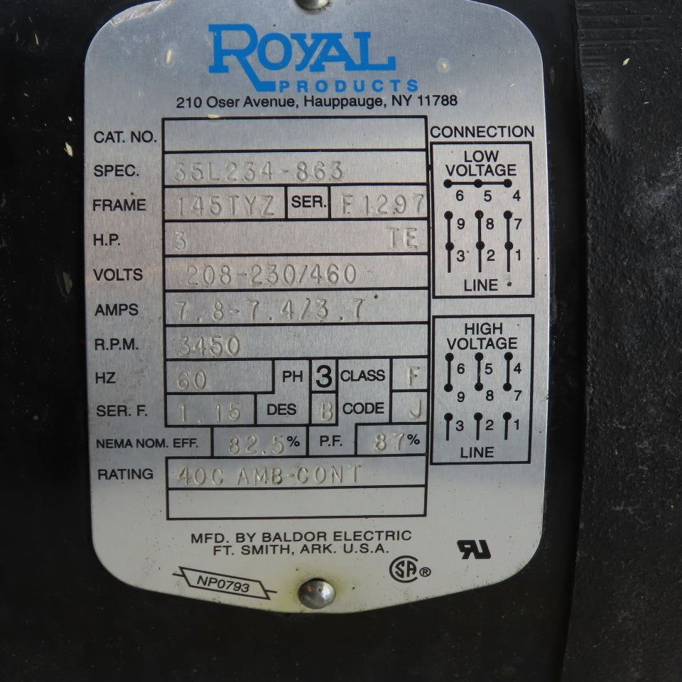 Royal Products 35L234-863 3HP Electric Motor 208-230/460V 3450RPM 145TYZ Tested