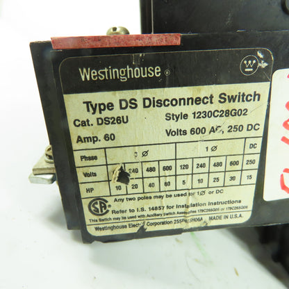 Westinghouse DS26U 60A 600VAC 250VDC 3-Pole Safety Disconnect Switch