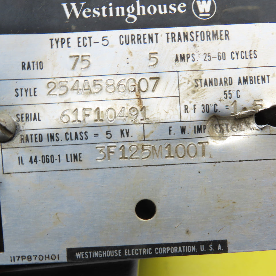 Westinghouse ECT-5 254A586G07 Current Transformer 75:5A Ratio
