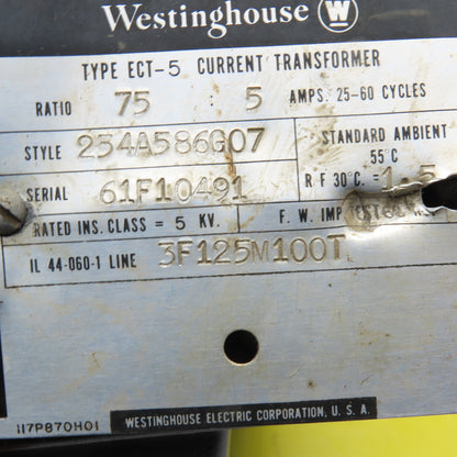 Westinghouse ECT-5 254A586G07 Current Transformer 75:5A Ratio