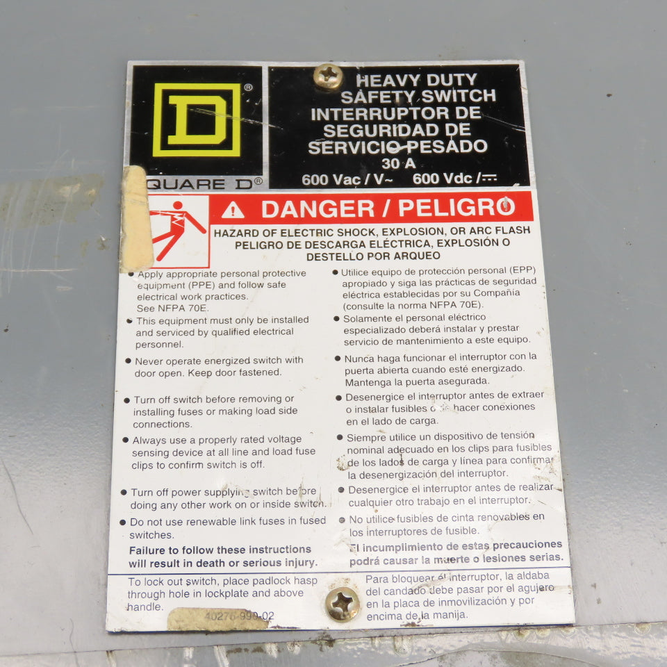 Square D HU461AWKEI 30A Non Fusible Safety Disconnect Switch 600VAC 4-Pole